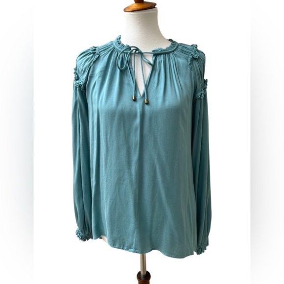 SUNDANCE So In Love Ruffle Peasant Top Long Sleeve V-neck Green Women’s Small - Picture 1 of 5